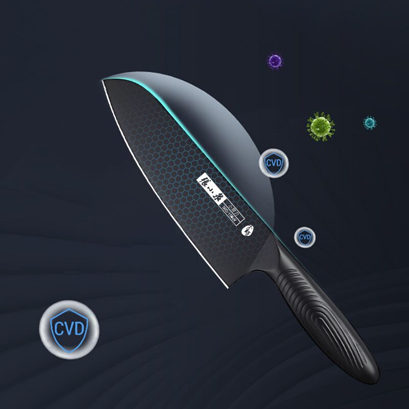 Antibacterial chef's knife with CVD coating and germ-resistant features.