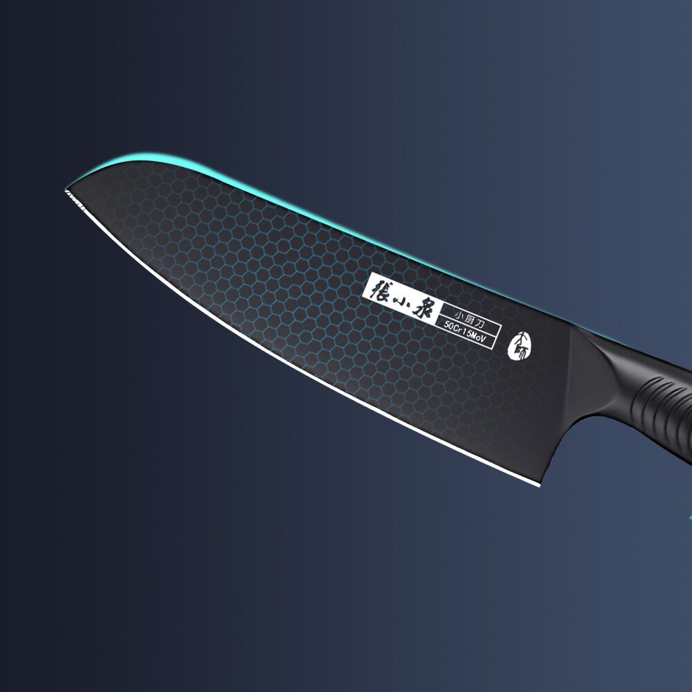 50Cr15MoV steel chef's knife with hexagonal pattern and sharp blade edge.