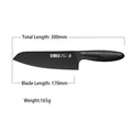 Dimensions of chef's knife: 300mm total length, 170mm blade length, 165g weight.