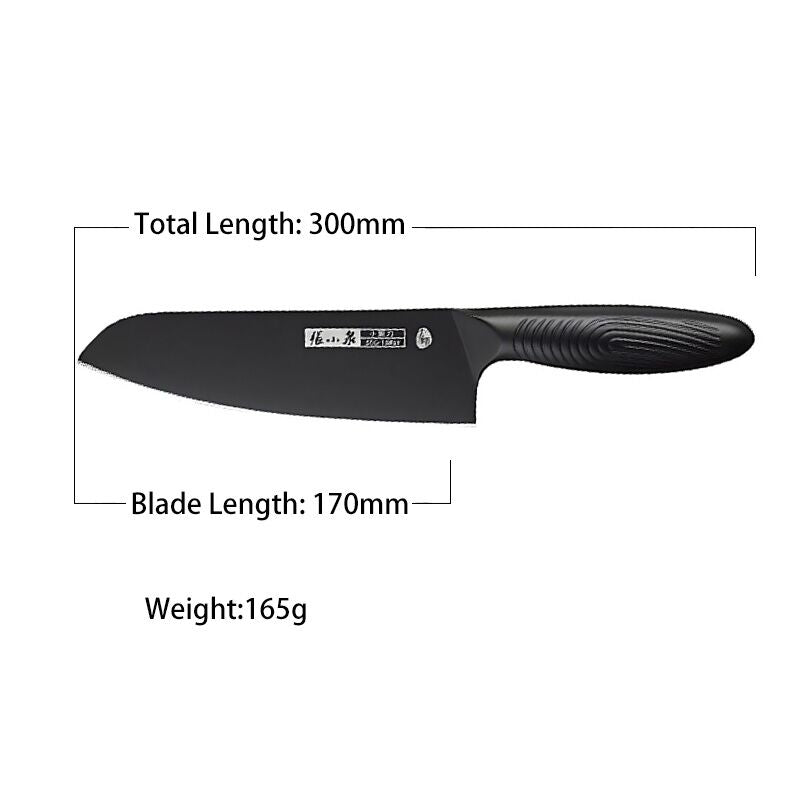 Dimensions of the 300mm 50Cr15MoV CVD chef's knife with a 170mm blade length and 165g weight, ideal for versatile kitchen use.