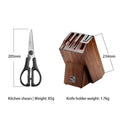 Dimensions of kitchen shears and walnut-oak knife block from the knife set.