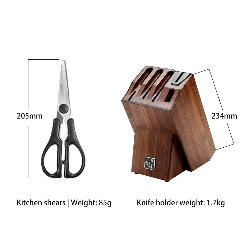 Dimensions of kitchen shears and walnut-oak knife block from the knife set.