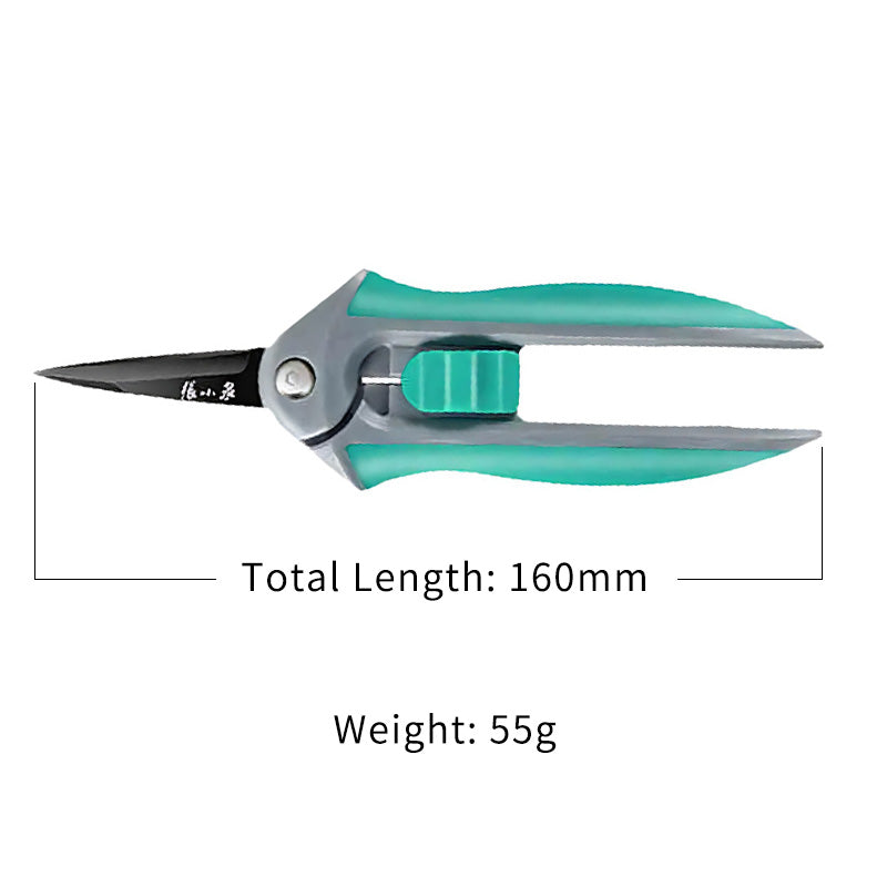 160mm pruning shears with SK5 steel blades, 55g weight, and compact design.