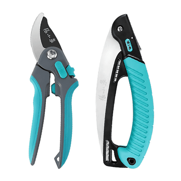 Heavy-duty garden tool set with 215mm SK5 pruning shears and 235mm 65Mn folding saw. Ideal for cutting branches up to 25mm and 50mm.