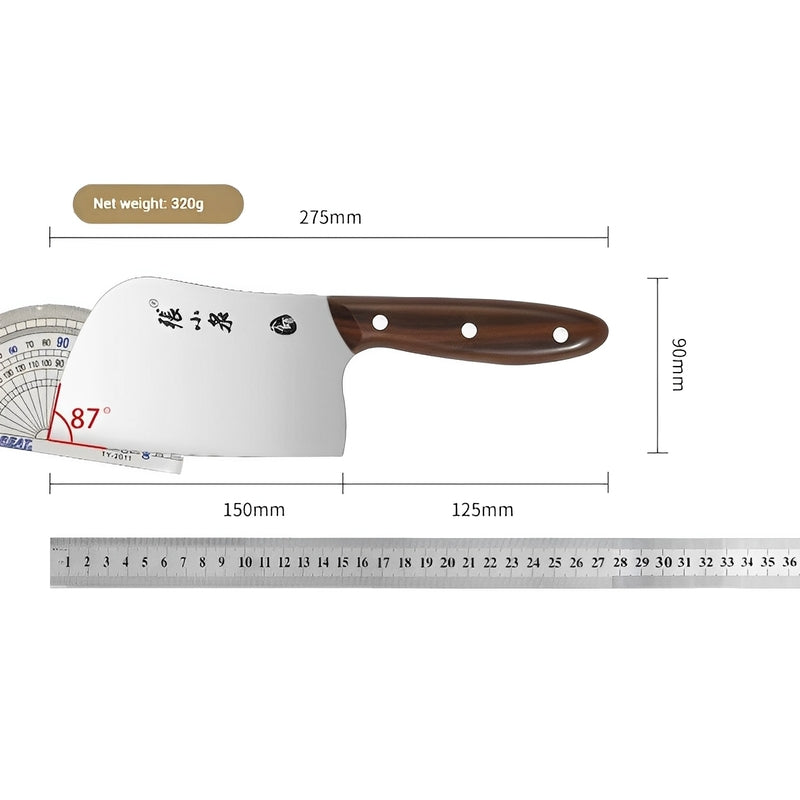 Dimensions of the 320g bone chopper with a 275mm length and 87° blade angle, designed for heavy-duty chopping tasks.