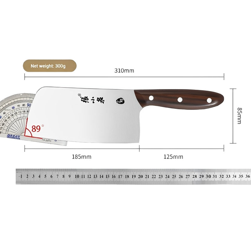 Dimensions of 310mm Chinese cleaver with 185mm blade and 125mm handle.