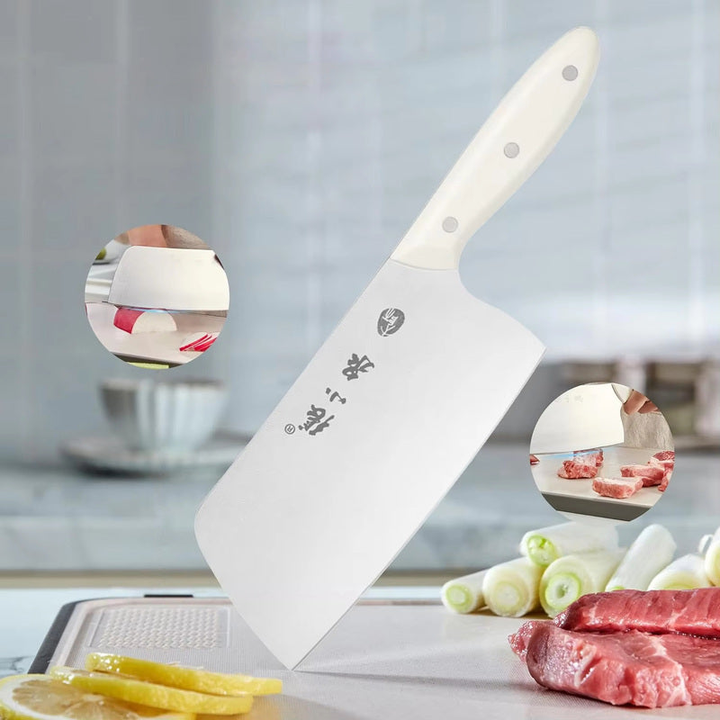 305mm 40Cr13 cleaver displayed with close-up insets of slicing meat and vegetables, highlighting its versatility.