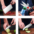 Demonstration of knife and scissors cutting meat, vegetables, and opening a bottle.