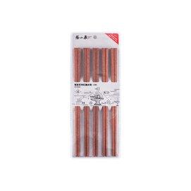 Packaged set of 10 pairs of sandalwood chopsticks in clear plastic wrapping.