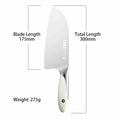 Professional kitchen chopper with 175mm blade length, 300mm total length, and 275g weight, featuring a sleek white handle for precision cutting.