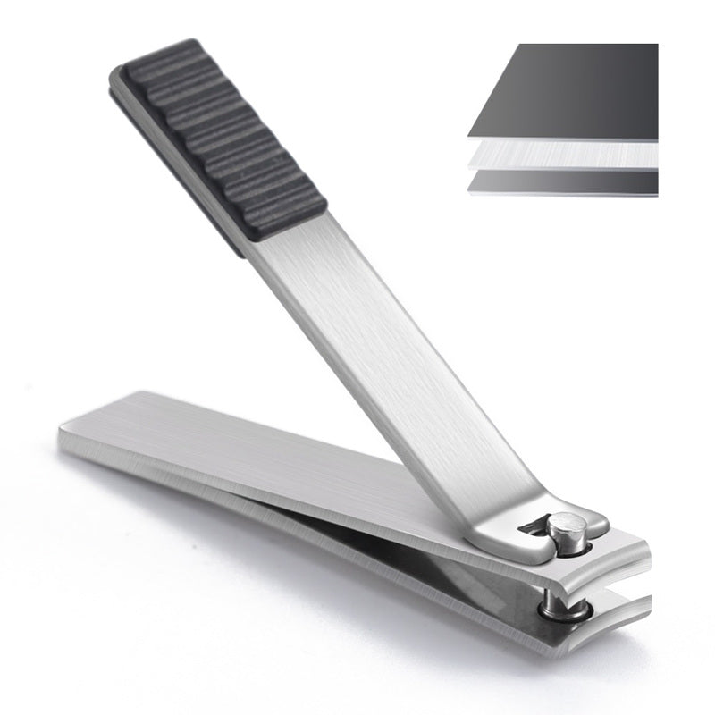 Stainless steel nail clipper with curved blade and textured grip.