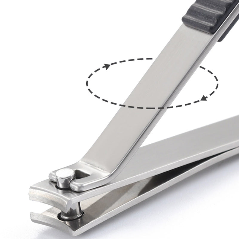 Close-up of nail clipper's sharp curved blade and durable design.